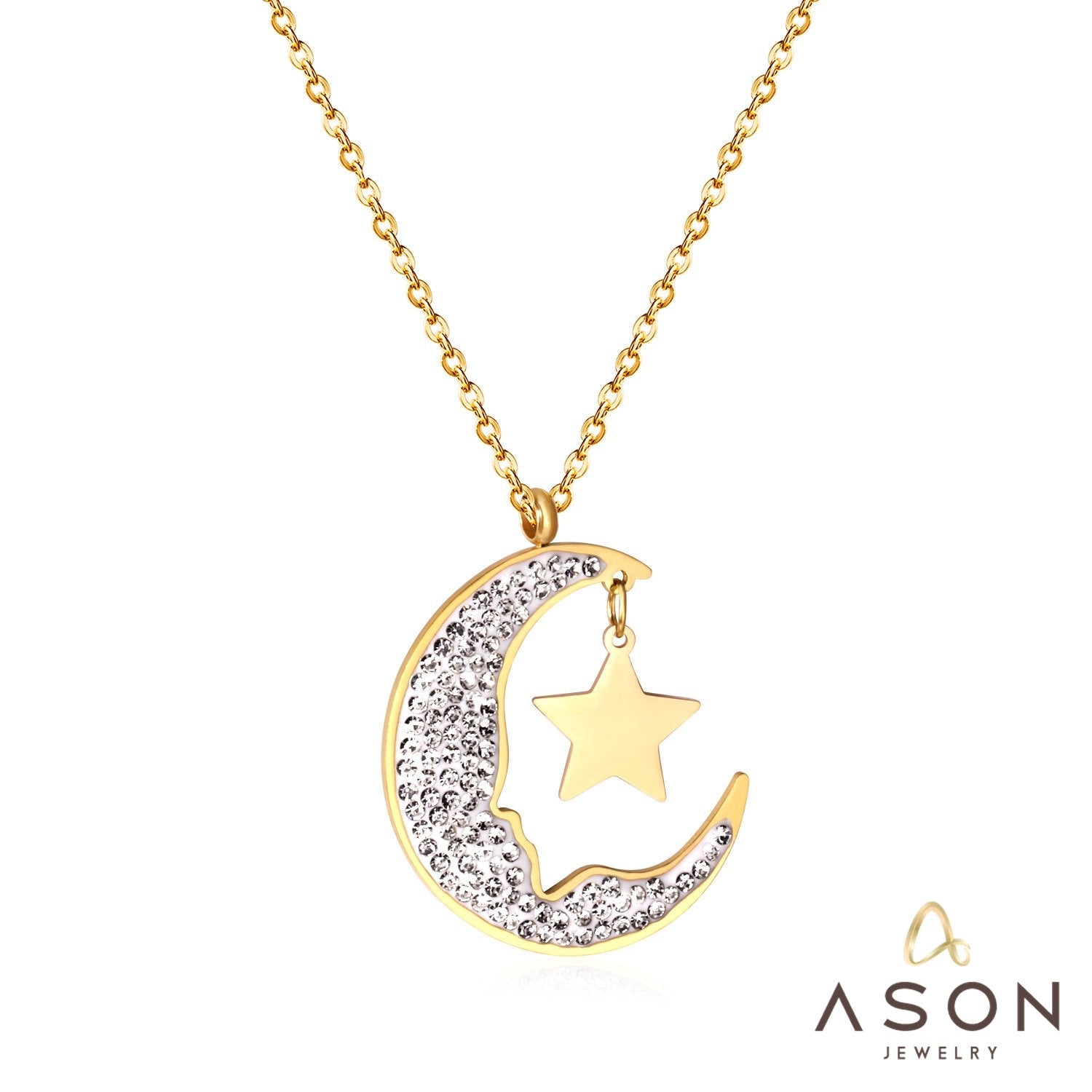 ASON Moon and Star Cubic Zirconia Pendant Necklace Gold Color Stainless Steel Chain for Women Girl Gift Jewelry Accessories asonjewelry